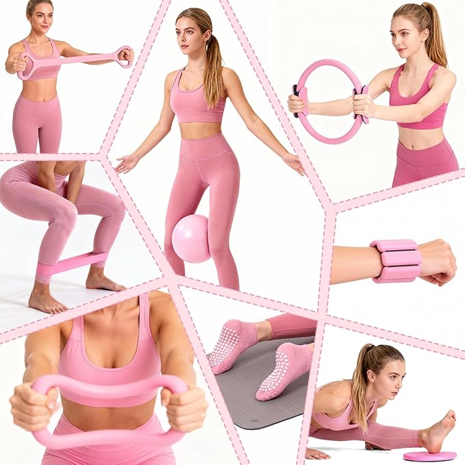 Pilates Equipment Kit for Home Workouts - 18pcs Set- 14'' Pilates Ring and Ball Set for Women, Pilates/Yoga Accessories Kit with Wrist Weights, Resistance Bands, Core Sliders, Yoga Strap, Socks, Bag