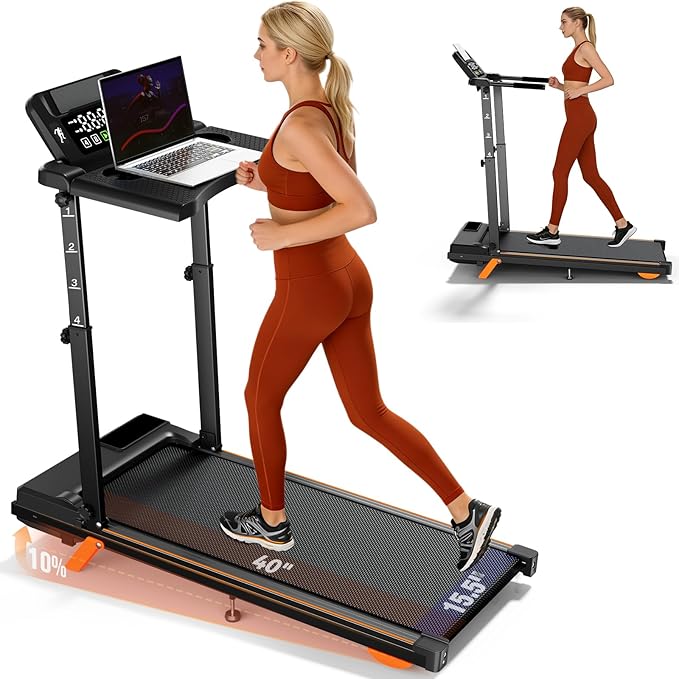 Walking Pad Treadmill with Desk, Foldable Treadmills for Home, Quiet Treadmill with 10% Incline, 300lbs Weight Capacity Walking or Running for Home Office