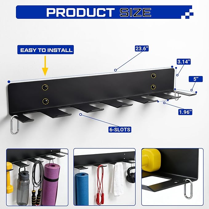 Sintuff Wall Mounted Dumbbell Rack, Heavy Duty Metal Home Gym Storage Organizer, 6 Dumbbell Slots and 2 Side Hooks, Holds Exercise Bands, Jump Ropes, Lifting Belts & Workout Accessories, Black