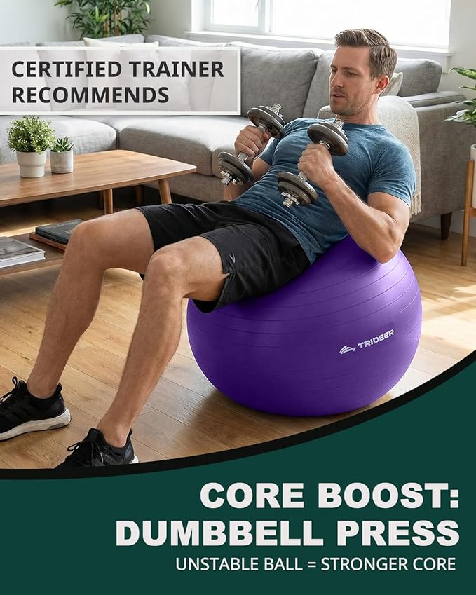 Trideer Exercise Ball for Yoga, Pilates & Fitness – Stability Ball Equipment for Home Gym & Office Chair, Core & Balance Training Accessories, Physical Therapy Equipment, Quick Pump Included, 5 Sizes