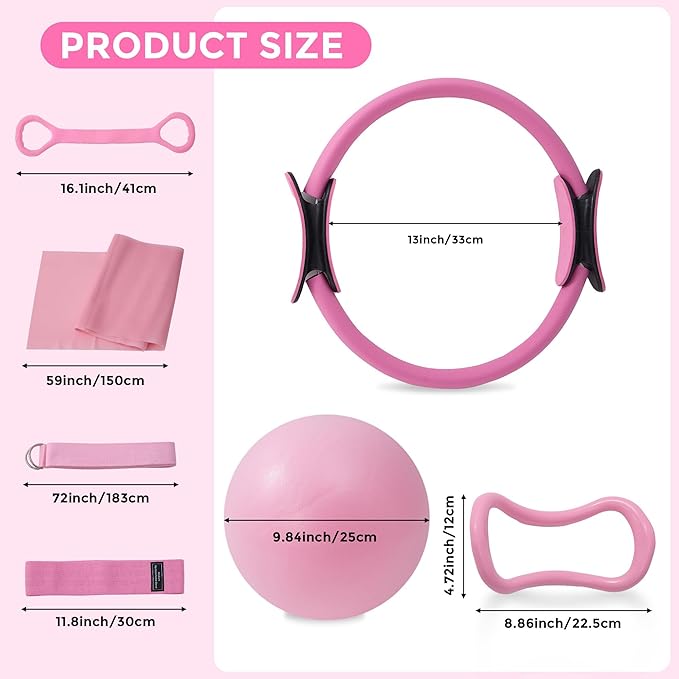 Pilates Equipment, Pilates Kit for Home Workouts, Pilates Ring and Ball Set for Women With 14.5" Pilates Ring, Ball, Resistance Bands, Sliders, Yoga Strap & Ring, Socks, Measure Tape, Stretch Band Bag