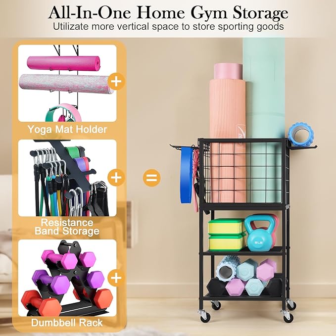 ETELI Yoga Mat Storage Rack Home Gym Workout Equipment Storage Cart with Hooks Wheels Small Metal Weight Rack for Dumbbells, Kettlebells, Foam Rollers, Resistance Bands, Yoga Block