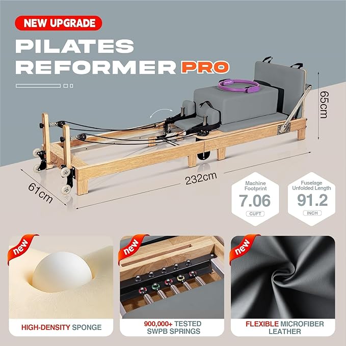 Pilates Reformer Machine, Quick-Assembly Studio Grade Pilates Equipment for Gym and Home, Oak Wood Pilates Reformer with Reformer Accessories