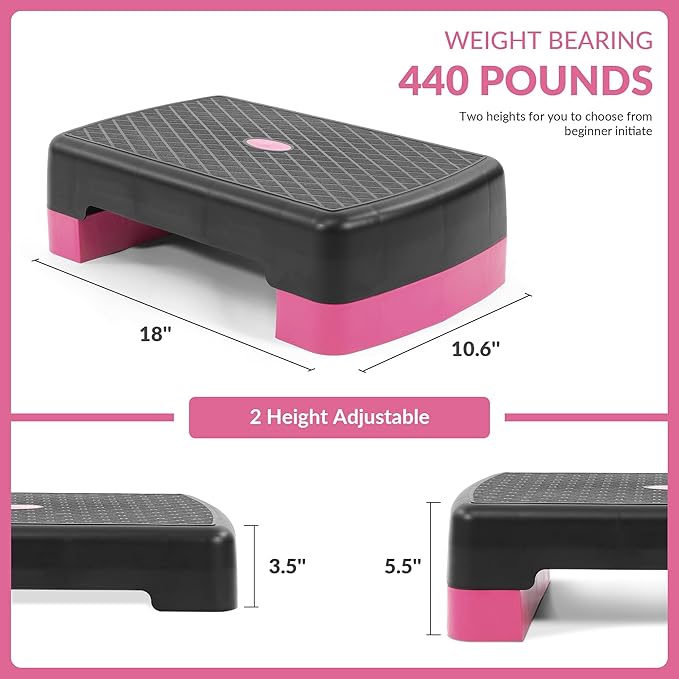 Fitvids 18" Aerobic Step Platform, Workout Stepper with Adjustable 2 Stackable Risers 3" 5.5" for Home Gym Small Space, Exercise Step, Multiple Option