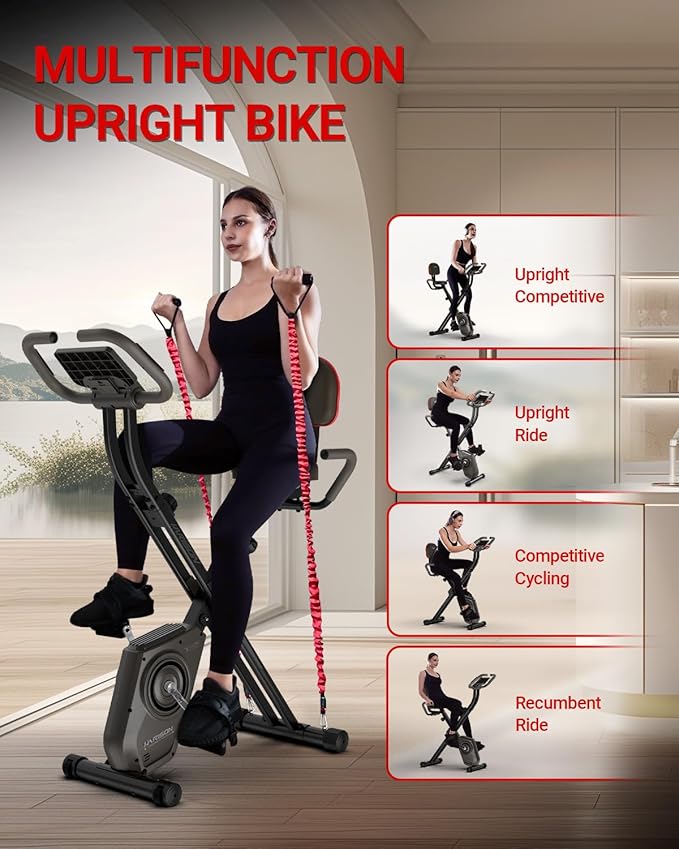 HARISON Folding Exercise Bike 350 LBS Capacity, 5 in 1 Bluetooth Stationary Bikes for Home with 16-Level Resistance and Arm Resistance Bands, Magnetic X-Bike with LCD Monitor & Back Support