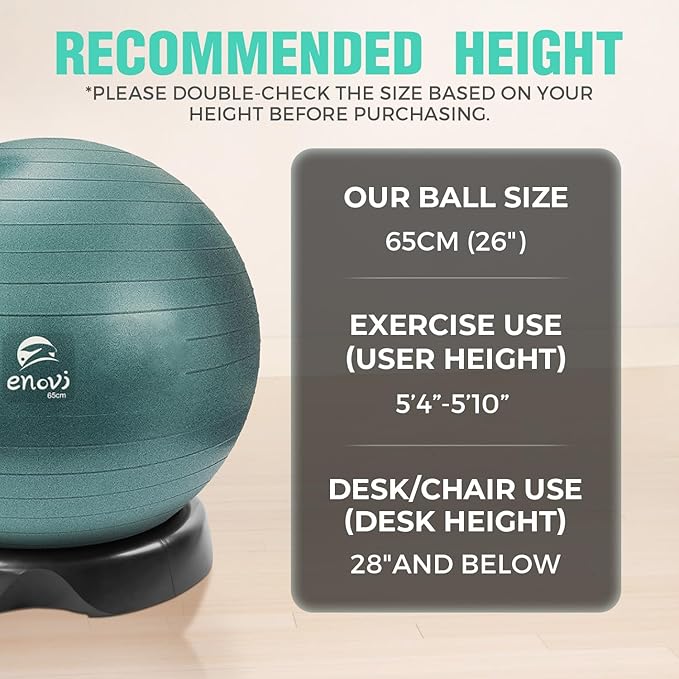 EasyBalance Exercise Ball, Yoga Ball, with Base & Pump Set, 65cm, Pineneedle Green