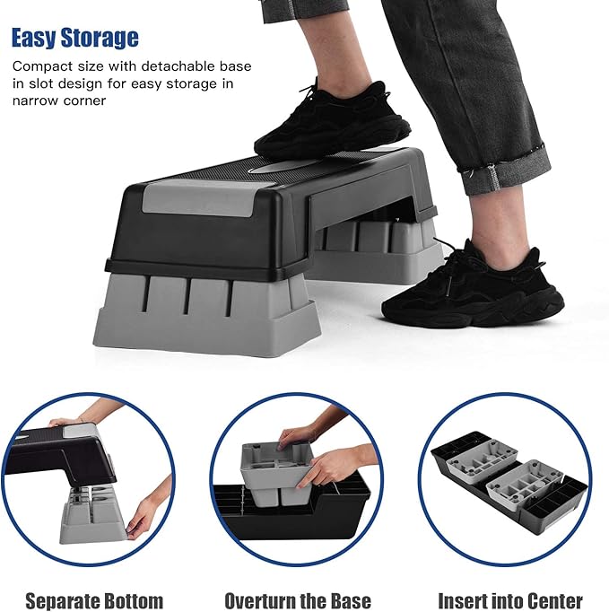 Happytools 28'' Aerobic Stepper, 5’’ 7’’ 9’’ Levels Height Adjustable Fitness Step Trainer, Exercise Step Platform w/Risers & Non-Slip Foot Pads for Home Gym Cardio Strength Training