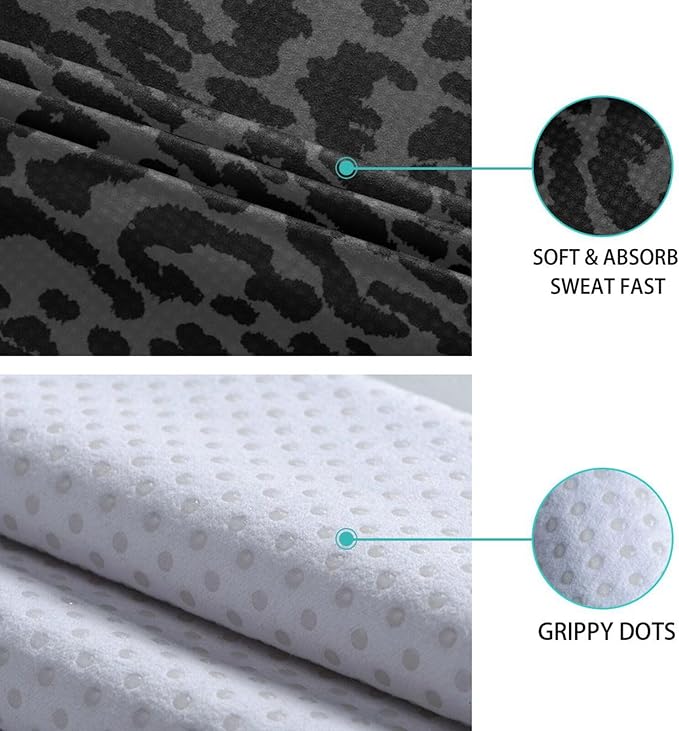 YETTASBIN Leopard Black Yoga Mat Towel, Non Slip Sweat Absorbent Hot Yoga Towel Portable Lightweight Travel Workout Towel with Storage Bag for Home Yoga, Pilates, Fitness 73x 27 Inch