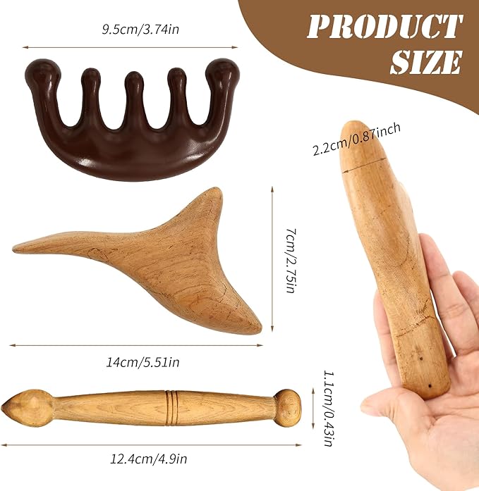 3PCS Reflexology Tools, Wood Therapy Massage Tools, Triangle Gua Sha Board Scraping Board Foot Massage Stick and Wooden Scalp Massager