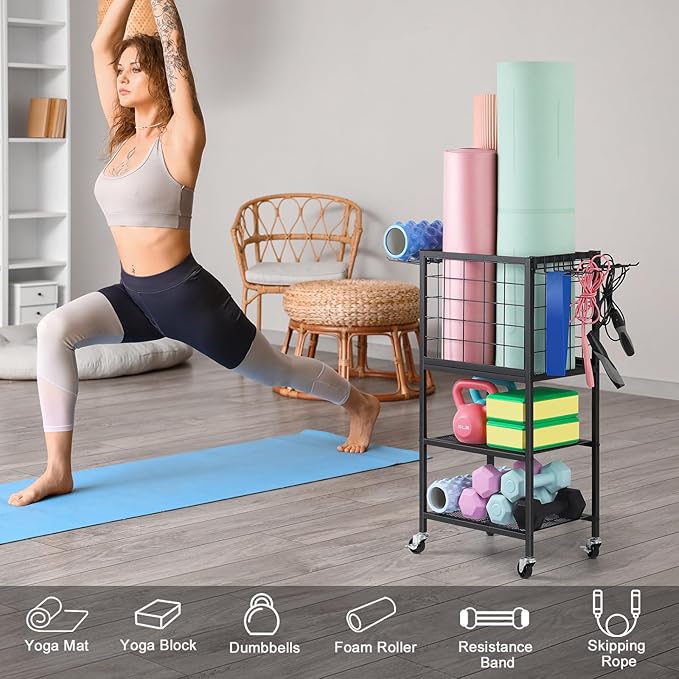 ETELI Yoga Mat Storage Rack Home Gym Workout Equipment Storage Cart with Hooks Wheels Small Metal Weight Rack for Dumbbells, Kettlebells, Foam Rollers, Resistance Bands, Yoga Block