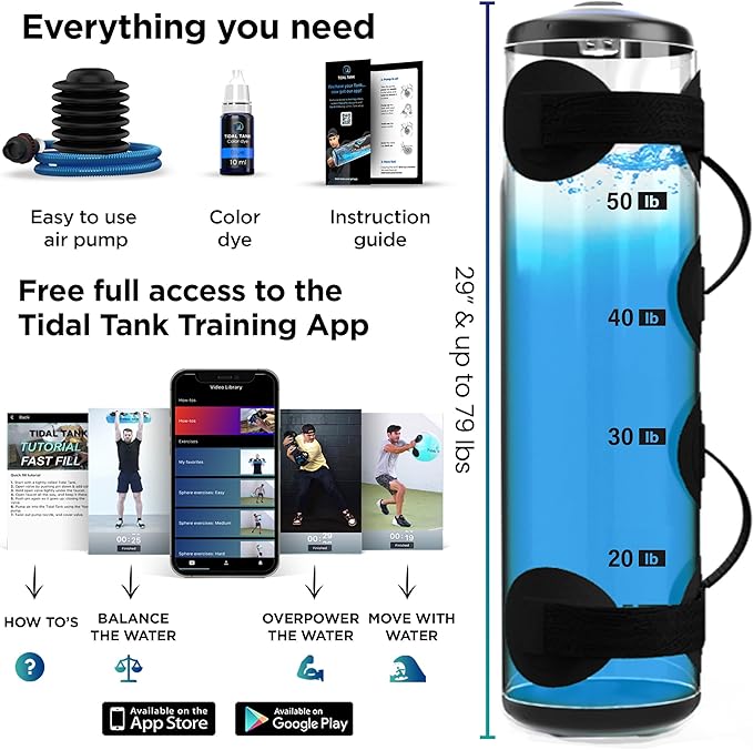 Tidal Tank Tube - The Original Aqua Bag - Water Weight Bag up to 79 lbs - Adjustable Workout Sand Bags Weights Alternative - Portable Sandbag Fitness Equipment Set, Home Exercise Gym - Including App