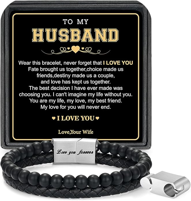 LUXEJEW Gifts for Men - Beaded Leather Bracelet 6mm Matte Agate Stone Bracelets for Men Dad Son Husband Boyfriend Grandpa Grandson Brother Uncle Nephew Adjustable Magnetic Clasp