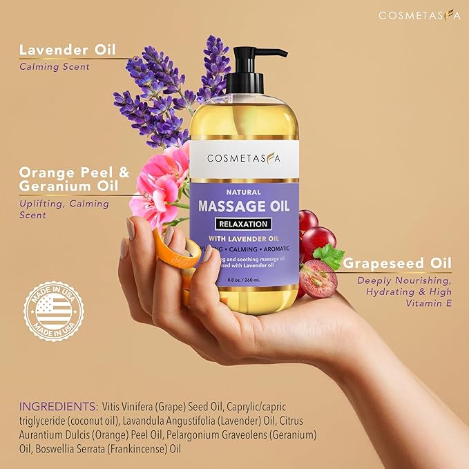 Cosmetasa Massage Oil Spa Gift Set for Women – Relaxing Lavender, Warming Arnica & Nourishing Citrus & Coconut Oils – Includes Roller Ball, Thumb Saver & Hot Stones – Self Care Kit & Body Massage Oils