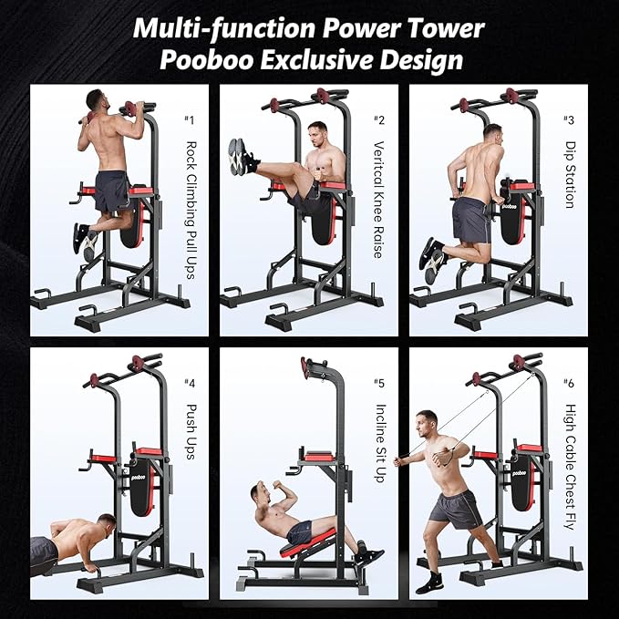 Pooboo Power Tower Dip Station Pull Up Bar for Fitness Home Gym Workout,450 Pounds Multi-Function Adjustable Height Fitness Strength Training Exercise Equipment,with Power Elastic Ropes
