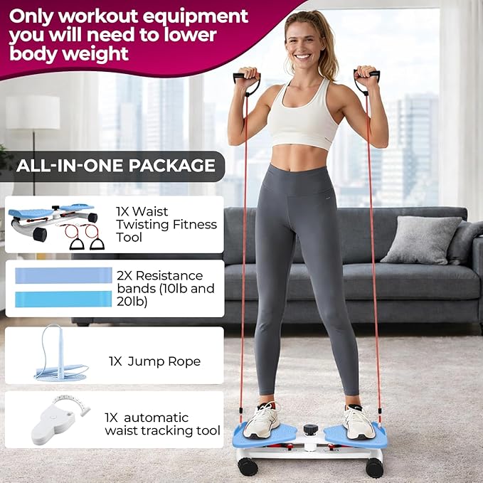 Ultra-Quiet Waist Twisting 5-in-1 Exercise Bundle - Ab Twister Board With 2 Resistance Bands, 1 Length Adjustable Jump Rope, an Automatic Waist Measuring Tool and Workout Guide - 300LB Capacity - Workout Bundle Perfect for Men and Women Looking for At-...