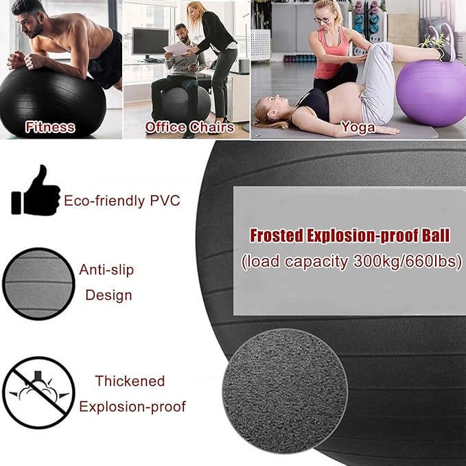 Home Gym Balance Ball Chair with Back Support, Adults Office Exercise Ball Chair, Rolling Balance Posture Chair, Anti-Burst Gray Yoga Ball, Base & Pump