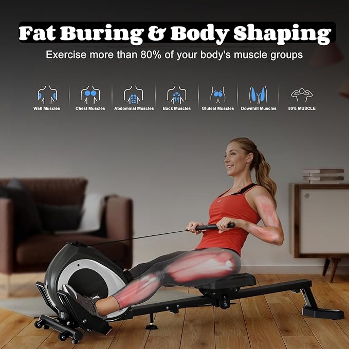 NAYSAYE Rowing Machine with LCD Display, Adjustable Resistance, Foldable Design, and [265-300] LBS Capacity for Home/Office Use