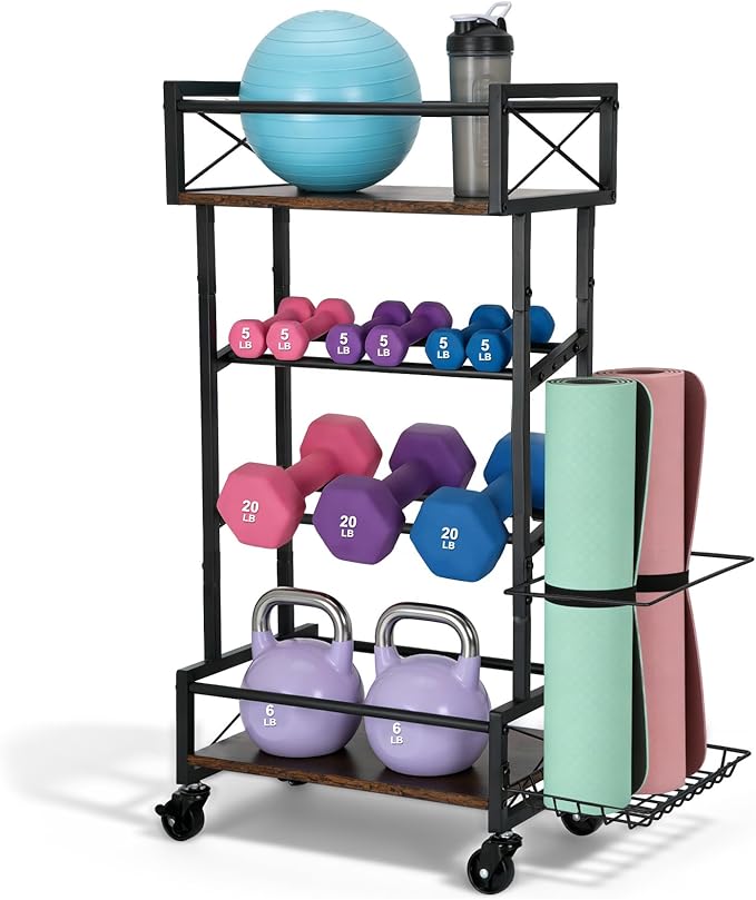Yoga Mat Storage Rack, Home Gym Storage Rack, Retro Metal & Wood Weight Storage Racks for Yoga Mat, 360° Roller & Fitness Equipment, 60 Lbs per Shelf