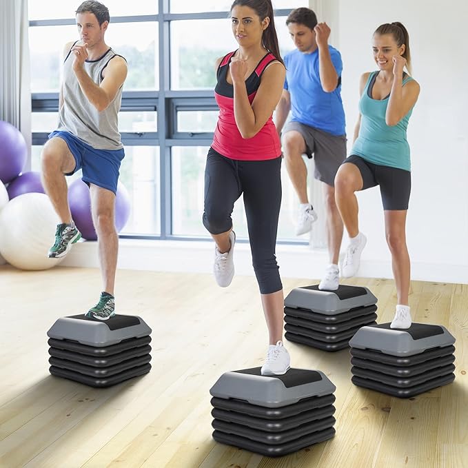 16" x 16" Adjustable Exercise Aerobic Step Platform Fitness Stepper with 4 Removable Risers 4'' - 6'' - 8''-10''-12'' Height for Home Gym Cardio Strength and Training