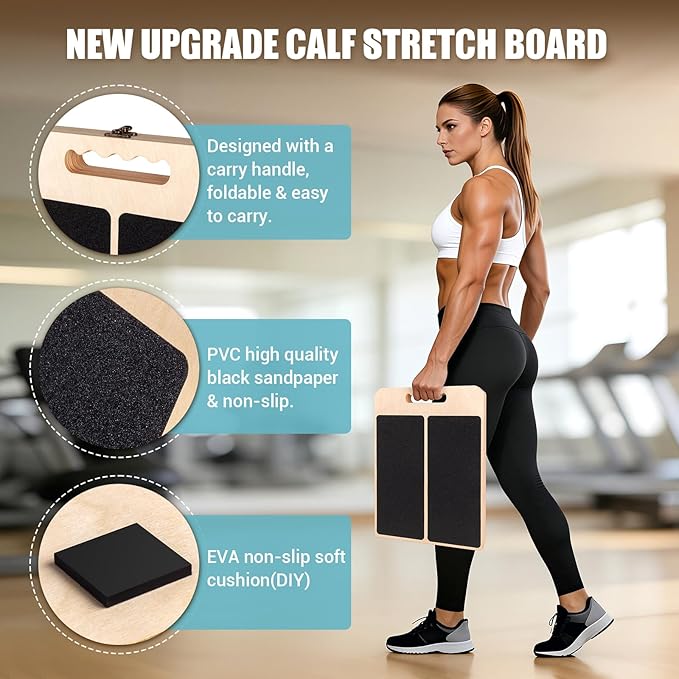 Slant Board for Calf Stretching, Adjustable Wooden Calf Stretch Board with Stretch Strap & Training Poster, 300 Lbs Weight Capacity Velour Board for Calf Ankle Achilles Physical Therapy Leg Exercisers