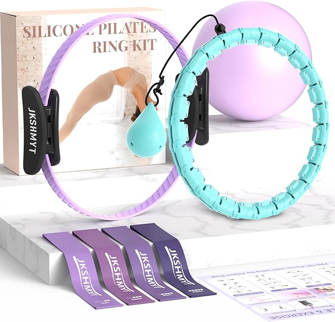 Weighted Hula Infinity Hoop & Pilates Ring Kit Bundle- Infinity Fitness Hoop for Weight Loss Plus Magic Circle, Resistance Bands, and Ball Set- Home Workout Equipment for Abdomen & Full Body Toning