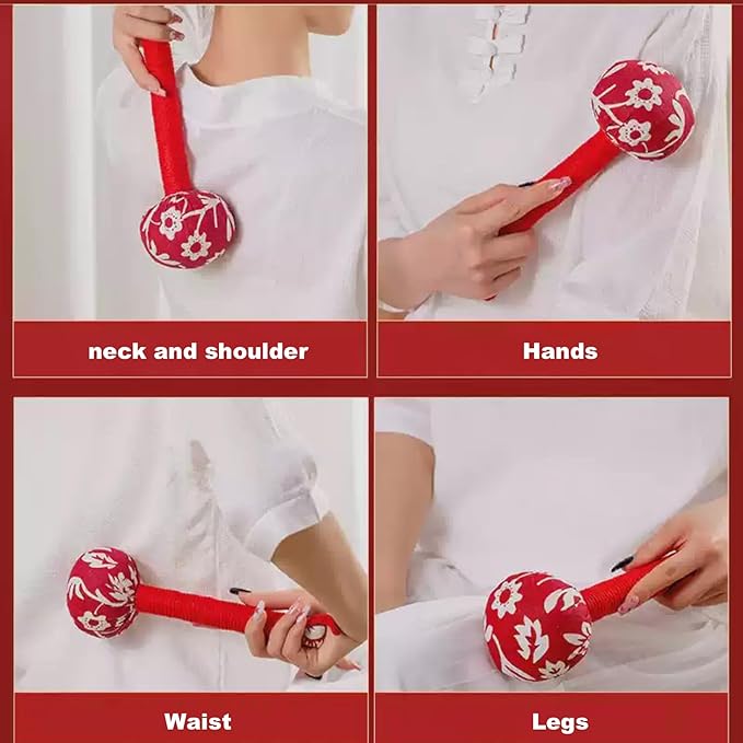 2pcs Manual Massage Tools,Manual Whole Body Wormwood Massage Hammer(12in)& Mugwort Pillow(15in), Lymphatic Drainage Tool,Back Knock Long Handheld Massage Stick for Back Pain Relief (Red)