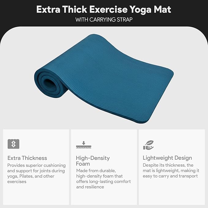 BalanceFrom 71x24 Inches Extra Thick Yoga Mat 1-Inch High-Density Foam – Roll-Up Exercise Pad with Double-Sided Non-Slip Surface and Carrying Strap for Pilates and Home Workouts, Multiple Colors