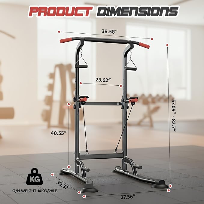 Power Tower Pull Up Bar Free standing with Resistance Bands, 350LBS Heavy Duty Alloy Steel Dip Station for Home Gym Strength Training, Adjustable Height Workout Equipment
