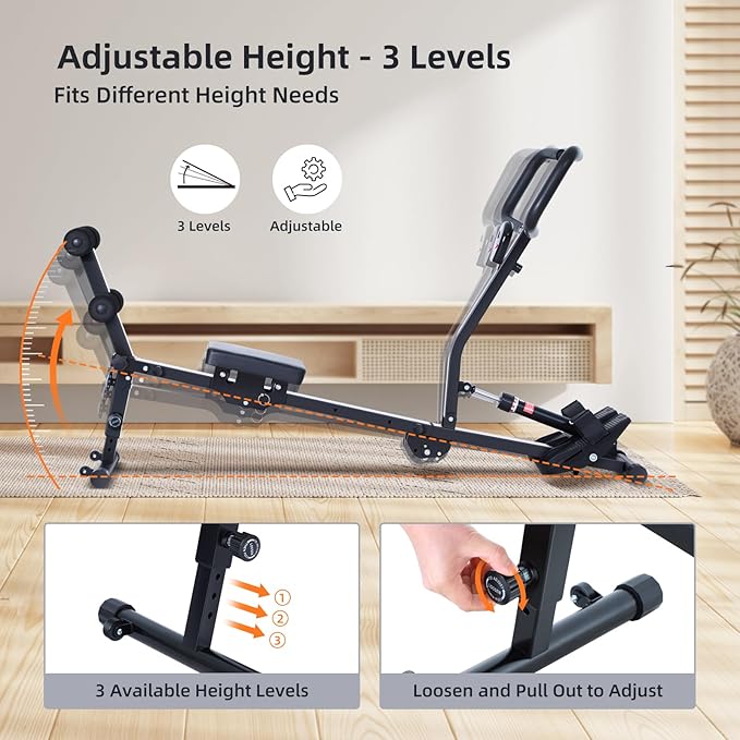 Sportneer Foldable Rowing Machine for Home, Hydraulic Rowing Machine with 12-Level Resistance - Multi Functional Row Machine Equipped with Caster & Backrest, Max 297lbs Weight Load