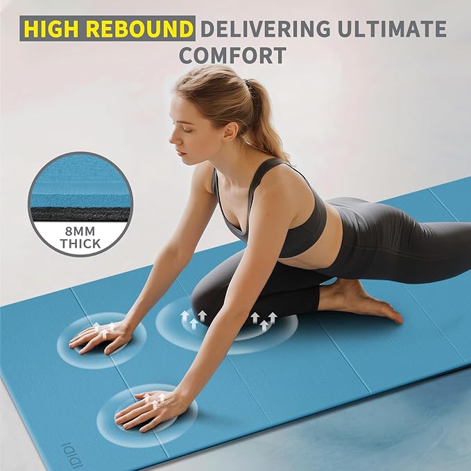 Foldable Yoga Mat Extra Thick & Large (74" x 31.5" x 0.32"), Double-Sided Non Slip & Lightweight Fitness Mat, 8mm Thick Wide Exercise Mats for Woman Man Kids, Portable Workout Mats for Travel, Studio or Home Use