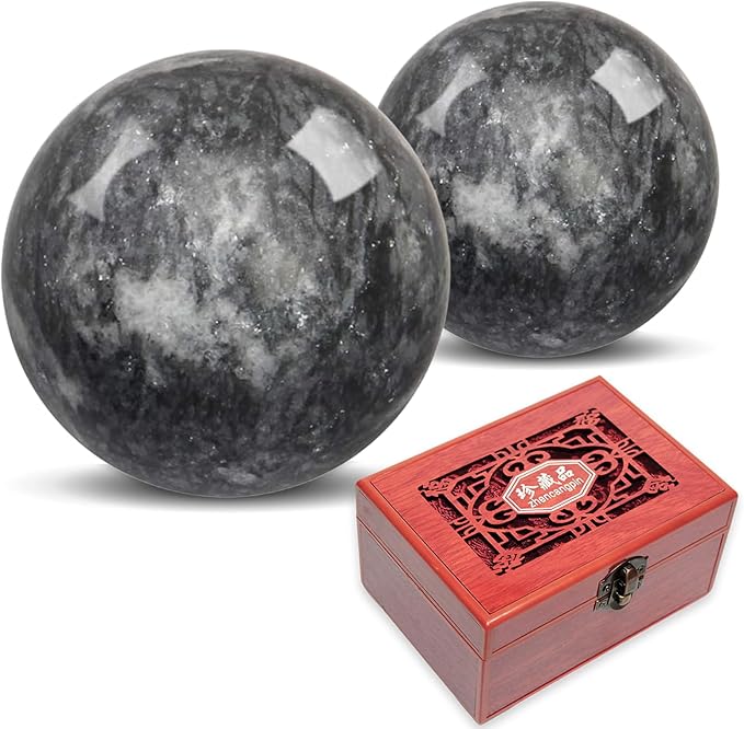Traditional Chinese Baoding Balls, Marble Health Exercise Stress Relief Balls with an Upgraded Shockproof Imitation Wood Box, Dark Grey, 2-Piece Set, Medium-1.57"