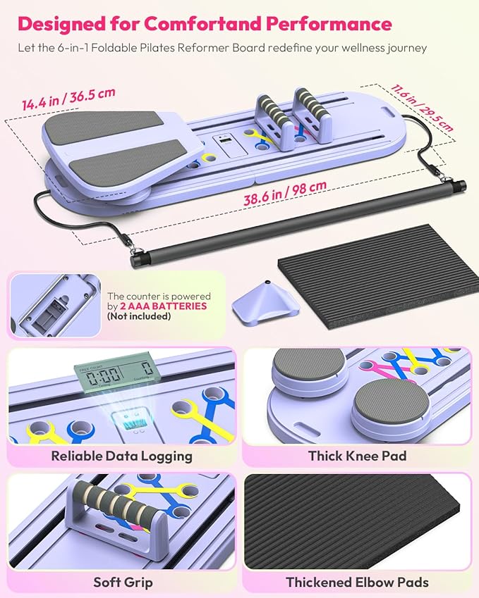 Pilates Board for Home Workout, Foldable Pilates Reformer Set for Women 6-in-1 Portable Folding Mini Pilate Kit Machine Equipment