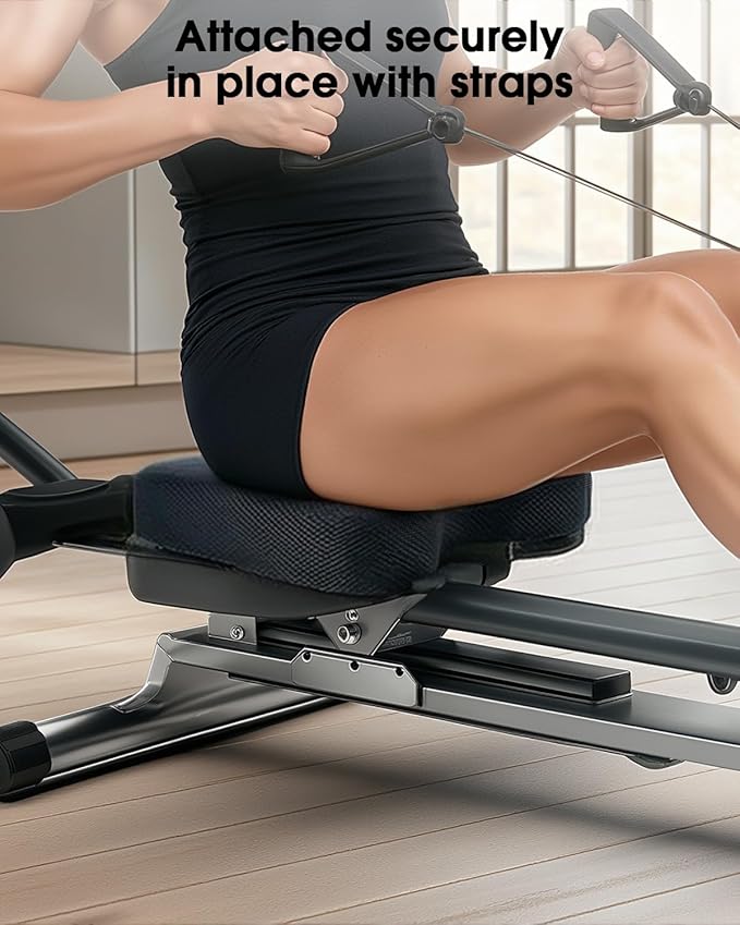 Memory Foam Rowing Machine Seat Cushion - Anti-Slip with Straps - Tailbone Pain Relief Pad Compatible with Concept 2, WaterRower, Hydrow, Peloton Bike