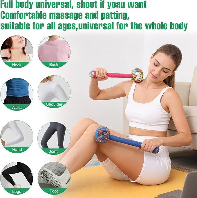 2PCS Herbal Wormwood Lymphatic Drainage Anti Slip Manual Massage Hammer Longer Handle Back Massager for Shoulder, Neck & Muscle Pain Relief (Rose Red/Dark Blue)
