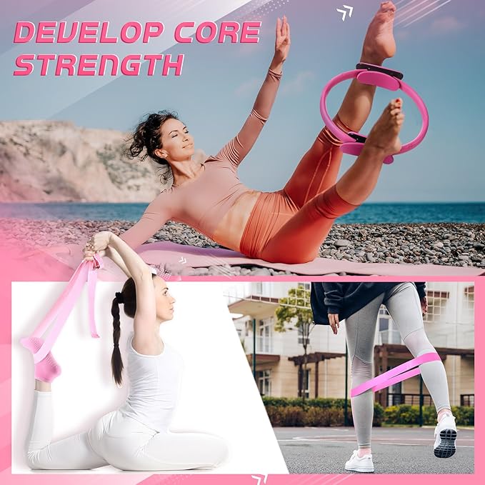 Poen 18 Pcs Home Pilates Ball and Ring Circle Set Yoga Fitness Essentials Kit with 5 Resistance Band Stretching Strap Non Slip Sock Ball Core Slider Wristband Headband Gym Bag for Women