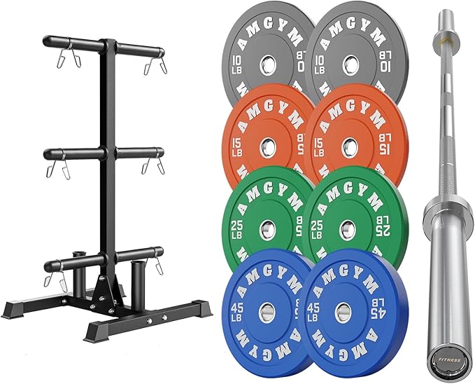 Weight Plate Tree Rack & Weight Set, Strength Training Plate Storage Stand and Barbell Holders for Home Gym, 1100 lb Weight Capacity, Fits Both 1" and 2" Bumper Plates