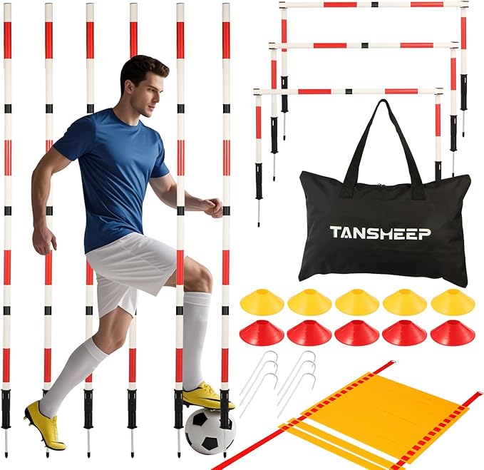 Soccer Agility Training Poles Equipment with Bag, 6 Agility Poles, 3 Horizontal Sticks,1 Agility Ladder with Bag, 10 Soccer Cones, Multifunctional Speed Training Equipment for Youth Adults