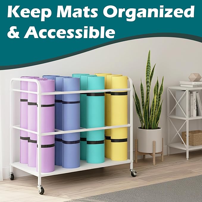 Yoga Mat Rack Storage Basket with Wheels,All-in-One Organizer for Yoga Mat Holder,Home Gym Equipment Storage Cart for Dumbbells, Kettlebells and Foam Rollers