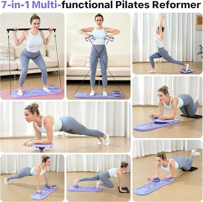 Pilates Board, Pilates Reformer Set, 7 in 1 Multifunctional Pilates Reformer Machine with Timer, Portable Foldable Pilates Board for Home Workout, Pilates Kit with Storage Bag，One Piece per Item