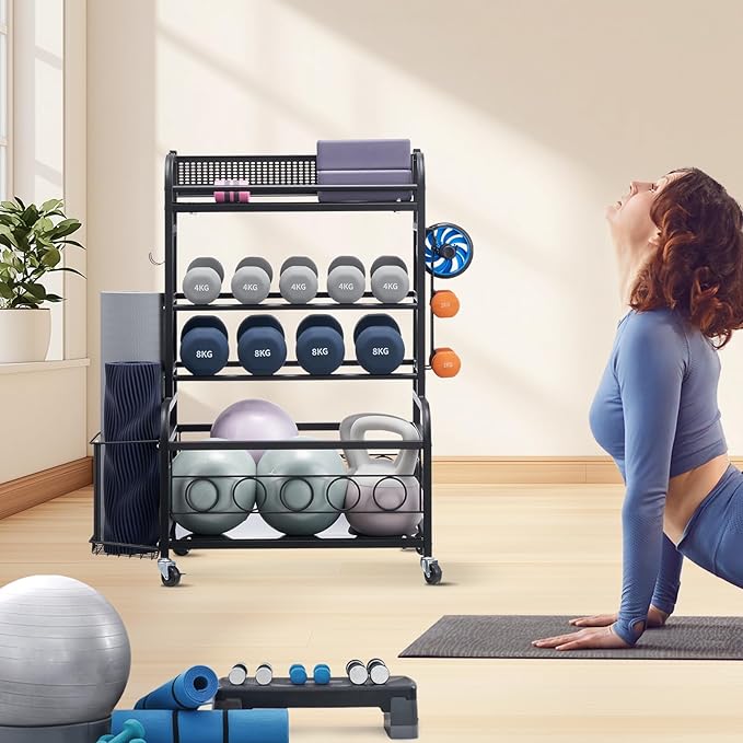 VEVOR Yoga Mat Storage Rack, Home Gym Workout Equipment Organizer, Powder Coated Finish Steel Yoga Mat Holder with Hooks & Wheels, Weight Rack for Dumbbell, Kettlebell, Foam Roller, and Yoga Strap
