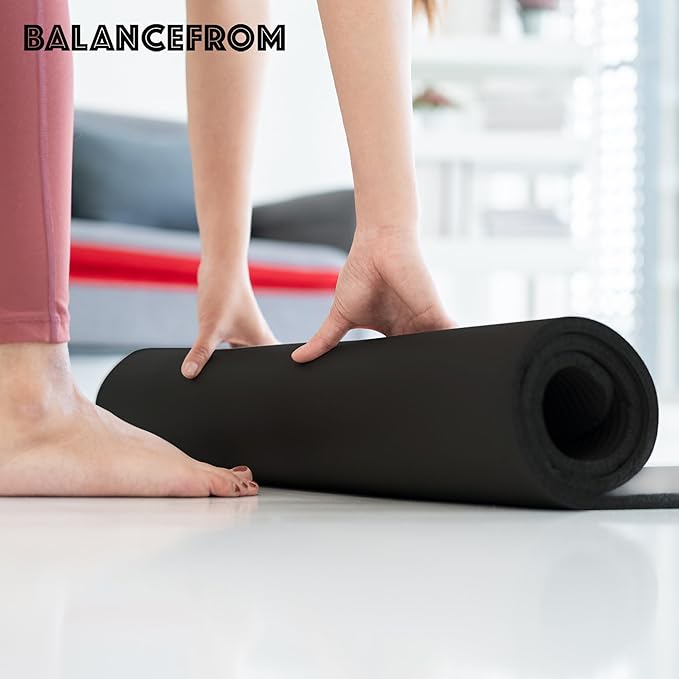 BalanceFrom 71x24 Inches Extra Thick Yoga Mat 1-Inch High-Density Foam – Roll-Up Exercise Pad with Double-Sided Non-Slip Surface and Carrying Strap for Pilates and Home Workouts, Multiple Colors