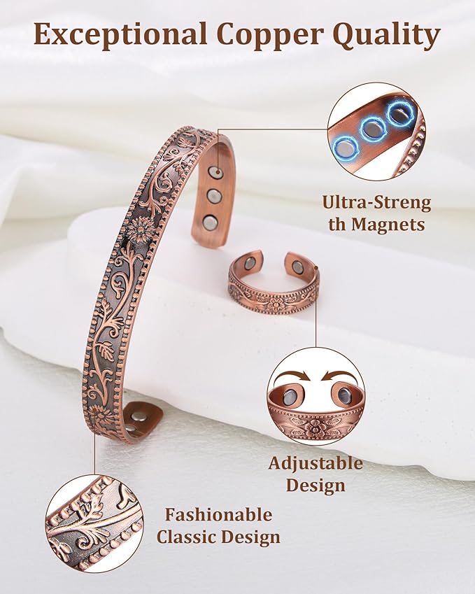 BioMag 99.99% Pure Copper Bracelet&Ring for Men and Women, Adjustable Magnetic Bracelet & Ring with Built-in Strong Magnets, Elegant Vintage Flower Design, Jewelry Christmas Gift