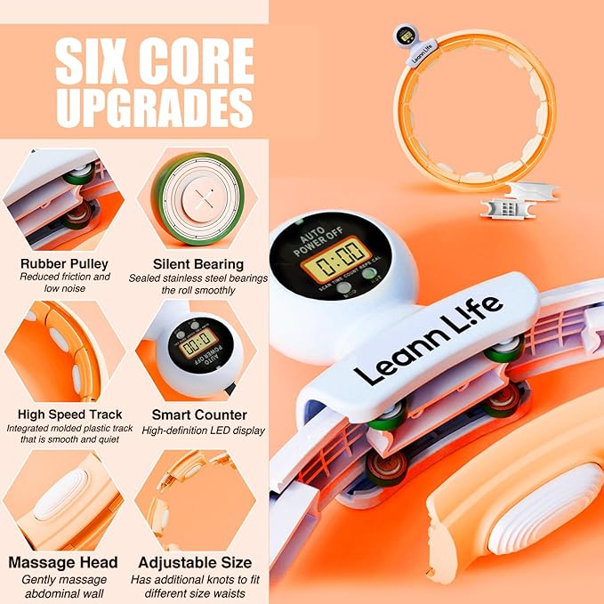 U5 Smart Weighted Hula Hoop with Counter & Waist Trimmer – 16 Knots, 28"–46" Adjustable Infinity Hoop Plus Size, Quiet Rubberized Wheels, Ab Workout Fitness, Weight Loss, Abdominal Toner