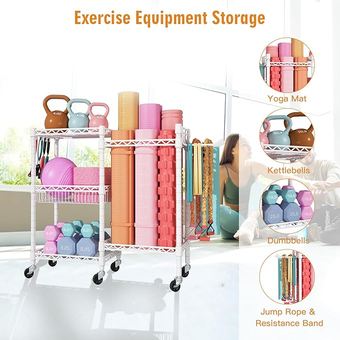 FUTASSI Home Gym Storage, 3 Tiers Workout Equipment Organizer with Wheels for Yoga Mats, Foam Roller, Dumbbells, Kettlebells, and Resistance Bands
