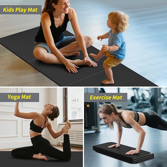 Foldable Yoga Mat Extra Thick & Large (74" x 31.5" x 0.32"), Double-Sided Non Slip & Lightweight Fitness Mat, 8mm Thick Wide Exercise Mats for Woman Man Kids, Portable Workout Mats for Travel, Studio or Home Use