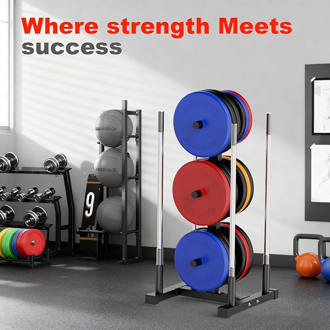 Weight Plate Rack for Home Gym - 6 Post Olympic Plate Holder with Wide Stability Base, Barbell Storage & Bumper Plate Tree Organizer, Heavy Duty Space Saving Gym Equipment