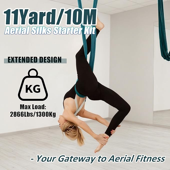 Aerial Silks Kit & Aerial Yoga Hammock - 11Yd Premium Fabric with Hardware - Easy Setup for Flying Yoga, Aerial Swing & Fitness - Supports Up to 14ft Rigging