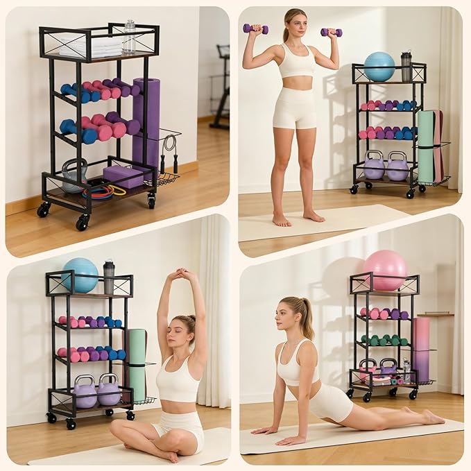 Yoga Mat Storage Rack, Home Gym Storage Rack, Retro Metal & Wood Weight Storage Racks for Yoga Mat, 360° Roller & Fitness Equipment, 60 Lbs per Shelf