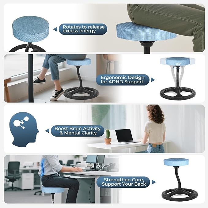 ADHD Chair for Kids, Yoga Chairs for Adults, Wobble Stool Active Flexible Seating Desk Chair with Non-Slip Base and Washable Seat Cover for Stability, Balance, Yoga, Office, School, Classroom