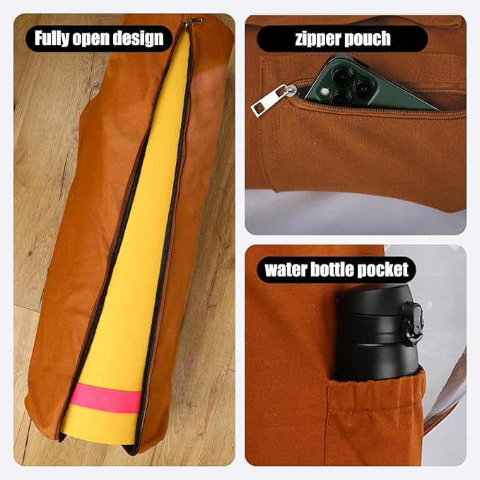 Cotton yoga mat bag with Pockets and Adjustable Strap - Full Zip Cargo Yoga Mat Carrier Bag - Bag for 1/4" 1/3" Thick Yoga Mat